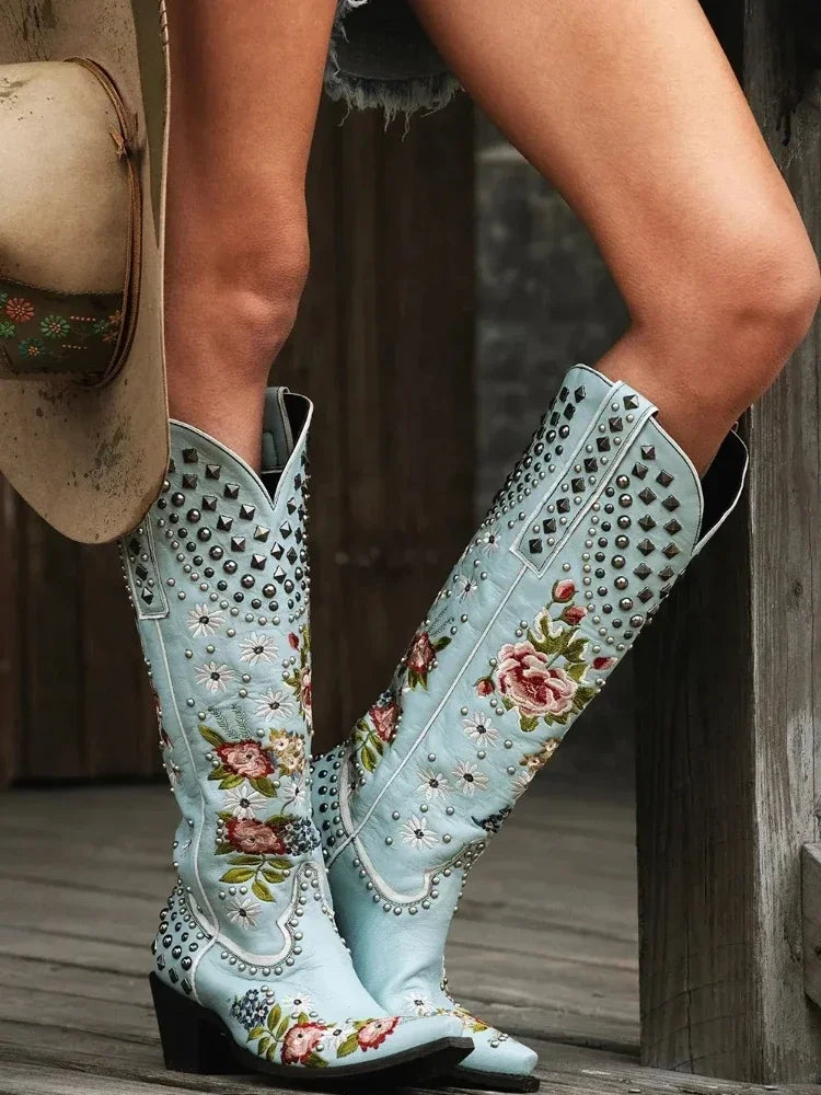 New Flower Embroidered Rivet Western Cowboy Boots Women Pointed Toe Square Heels Vintage Knight Boots Cowgirl Boots Shoes - CB070