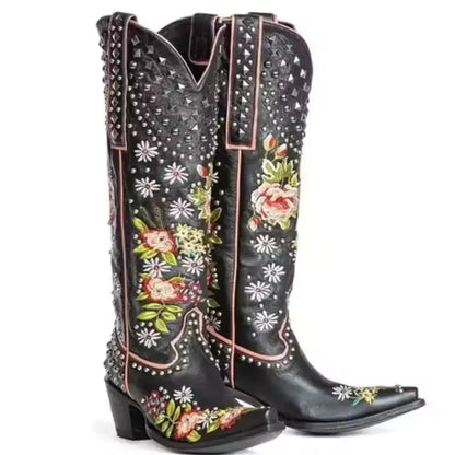 New Flower Embroidered Rivet Western Cowboy Boots Women Pointed Toe Square Heels Vintage Knight Boots Cowgirl Boots Shoes - CB070