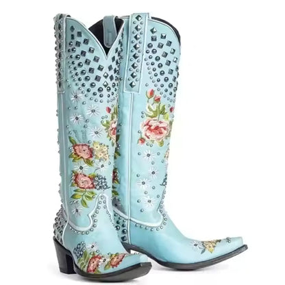 New Flower Embroidered Rivet Western Cowboy Boots Women Pointed Toe Square Heels Vintage Knight Boots Cowgirl Boots Shoes - CB070