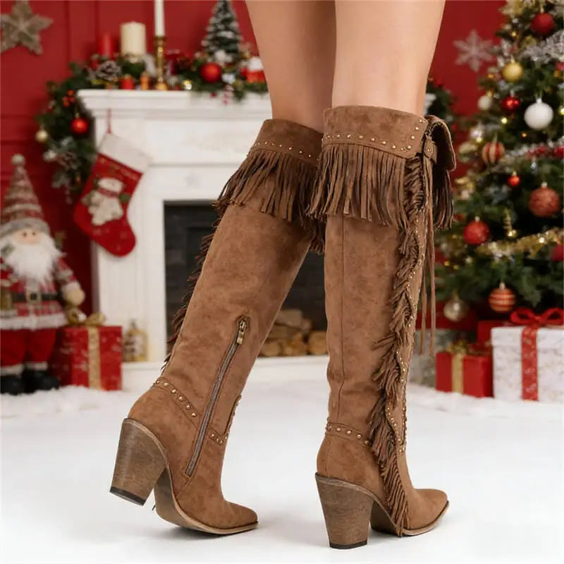 Onlymaker Women Pointed Toe Fringe Rivet Brown Faux Suede Leather Knee High Boots Vintage Side Zipper Fringe Boots - CB046