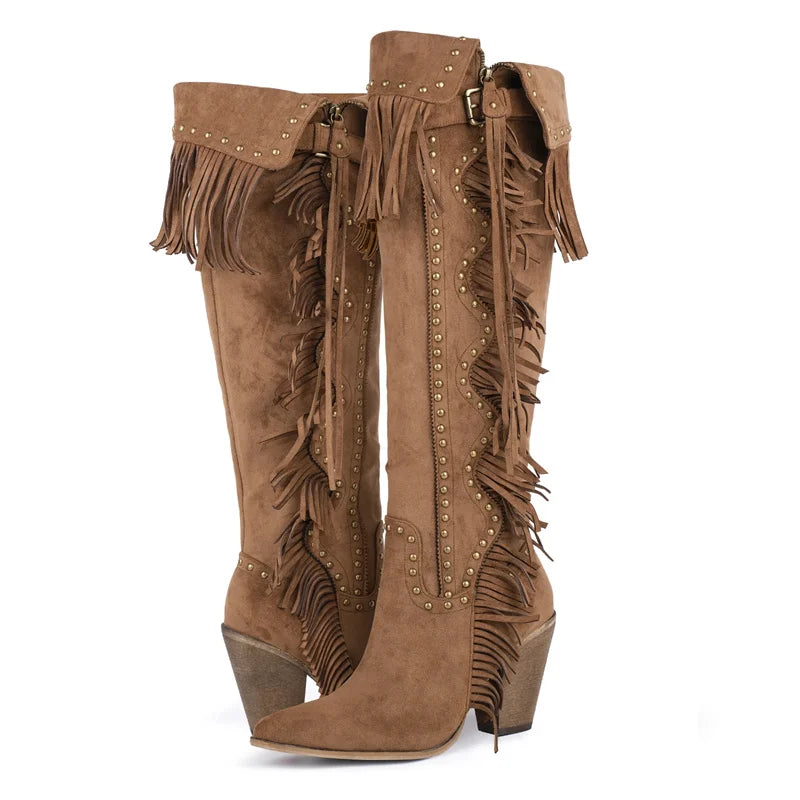 Onlymaker Women Pointed Toe Fringe Rivet Brown Faux Suede Leather Knee High Boots Vintage Side Zipper Fringe Boots - CB046