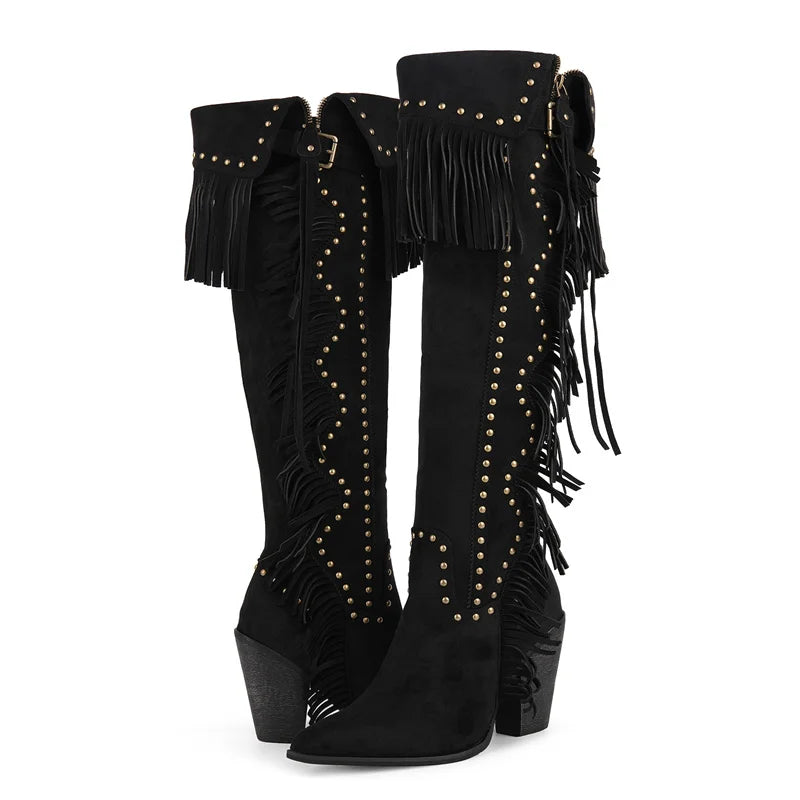 Onlymaker Women Pointed Toe Fringe Rivet Brown Faux Suede Leather Knee High Boots Vintage Side Zipper Fringe Boots - CB046