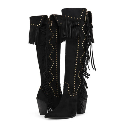 Onlymaker Women Pointed Toe Fringe Rivet Brown Faux Suede Leather Knee High Boots Vintage Side Zipper Fringe Boots - CB046