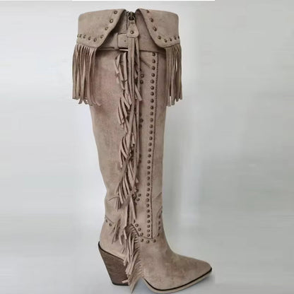 Onlymaker Women Pointed Toe Fringe Rivet Brown Faux Suede Leather Knee High Boots Vintage Side Zipper Fringe Boots - CB046