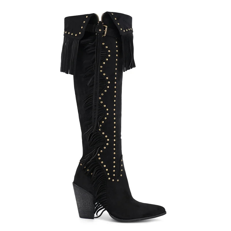 Onlymaker Women Pointed Toe Fringe Rivet Brown Faux Suede Leather Knee High Boots Vintage Side Zipper Fringe Boots - CB046