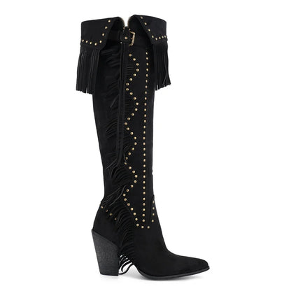 Onlymaker Women Pointed Toe Fringe Rivet Brown Faux Suede Leather Knee High Boots Vintage Side Zipper Fringe Boots - CB046
