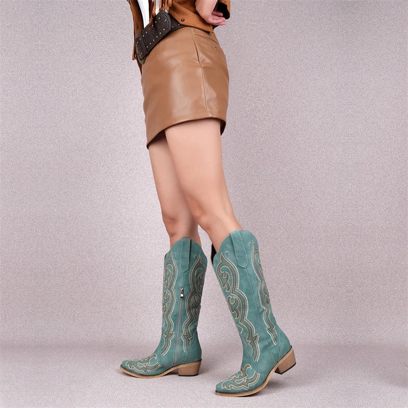 Onlymaker Women Pointed Toe Side Zipper Knee High Embroidery Western Cowgirl Boots Chunky Heel Embroidery Cowboy Boots - CB045