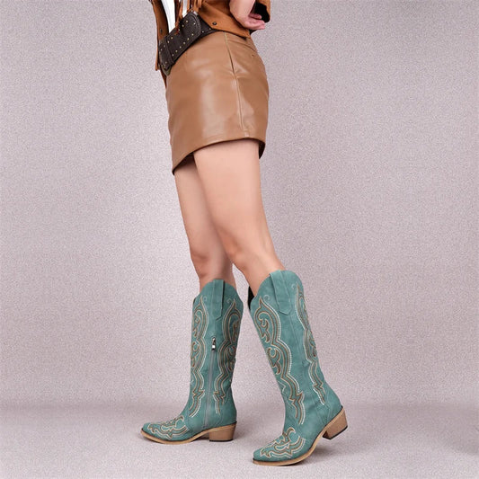 Onlymaker Women Pointed Toe Side Zipper Knee High Embroidery Western Cowgirl Boots Chunky Heel Embroidery Cowboy Boots - CB045