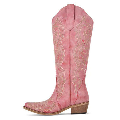 Onlymaker Women Pointed Toe Side Zipper Knee High Embroidery Western Cowgirl Boots Chunky Heel Embroidery Cowboy Boots - CB045