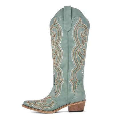 Onlymaker Women Pointed Toe Side Zipper Knee High Embroidery Western Cowgirl Boots Chunky Heel Embroidery Cowboy Boots - CB045