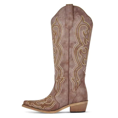 Onlymaker Women Pointed Toe Side Zipper Knee High Embroidery Western Cowgirl Boots Chunky Heel Embroidery Cowboy Boots - CB045