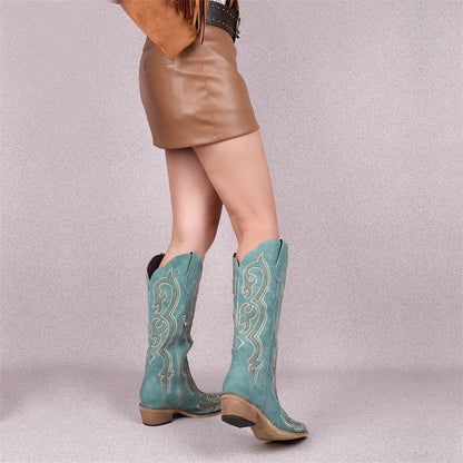Onlymaker Women Pointed Toe Side Zipper Knee High Embroidery Western Cowgirl Boots Chunky Heel Embroidery Cowboy Boots - CB045