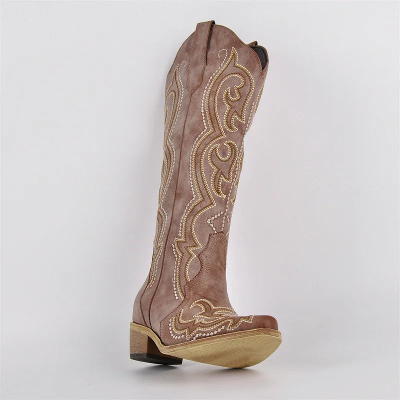 Onlymaker Women Pointed Toe Side Zipper Knee High Embroidery Western Cowgirl Boots Chunky Heel Embroidery Cowboy Boots - CB045