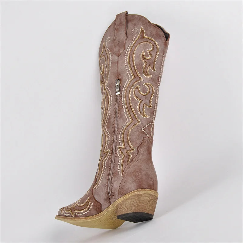Onlymaker Women Pointed Toe Side Zipper Knee High Embroidery Western Cowgirl Boots Chunky Heel Embroidery Cowboy Boots - CB045