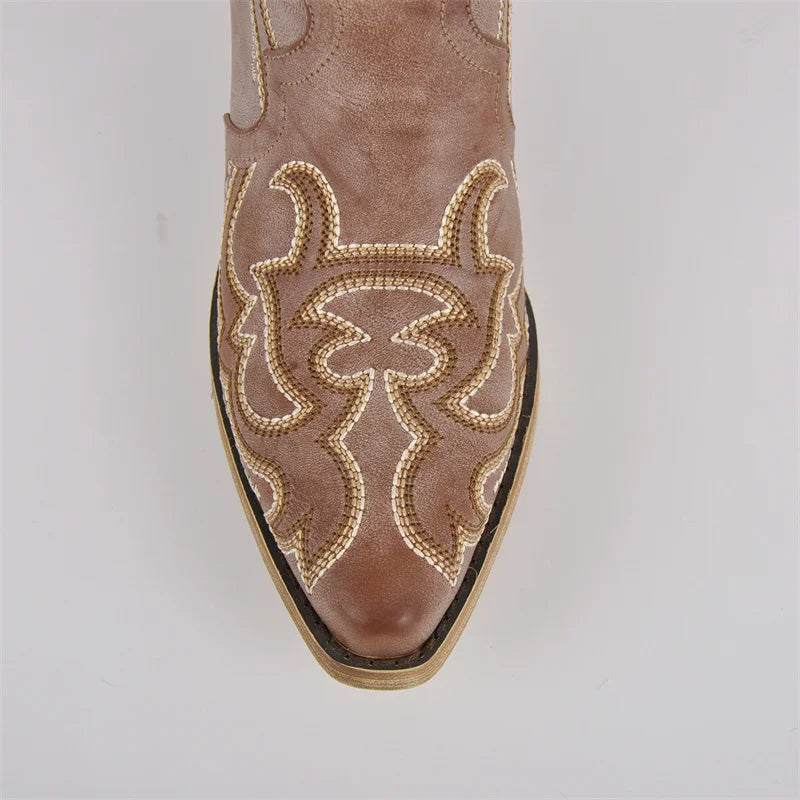 Onlymaker Women Pointed Toe Side Zipper Knee High Embroidery Western Cowgirl Boots Chunky Heel Embroidery Cowboy Boots - CB045