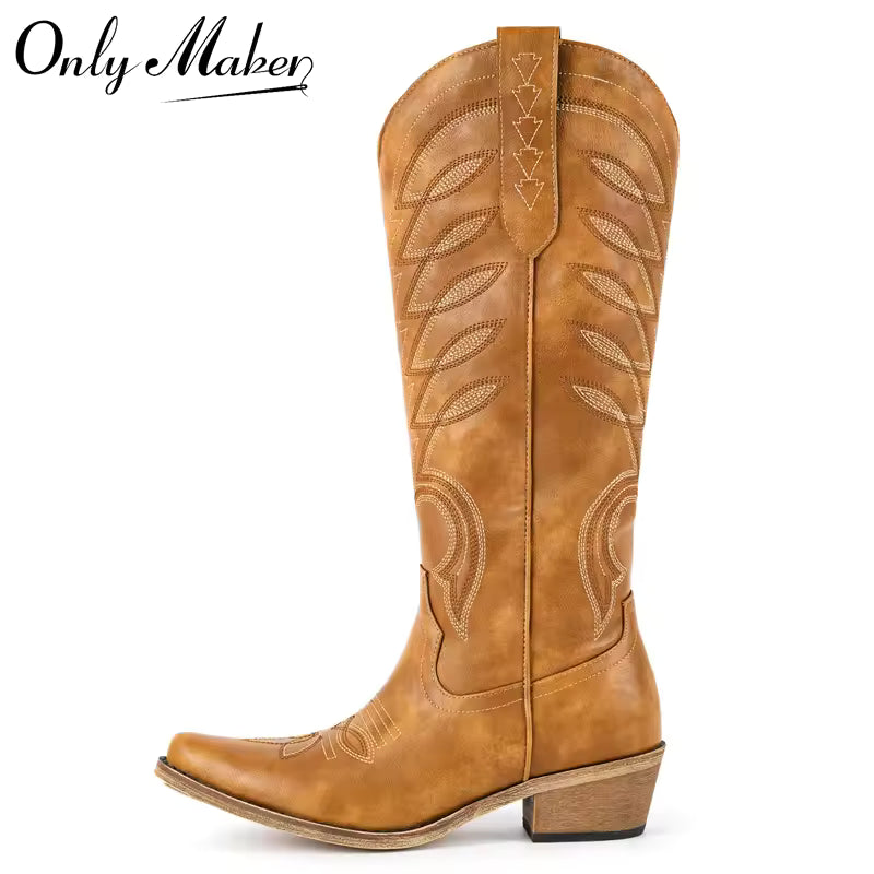 Onlymaker Women Pointed Toe Side Zipper Knee High Embroidery Western Cowgirl Boots Chunky Heel Embroidery Cowboy Boots - CB045