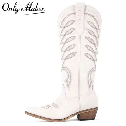 Onlymaker Women Pointed Toe Side Zipper Knee High Embroidery Western Cowgirl Boots Chunky Heel Embroidery Cowboy Boots - CB045