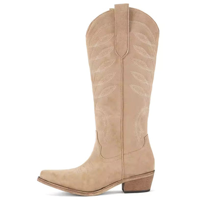 Onlymaker Women Pointed Toe Side Zipper Knee High Embroidery Western Cowgirl Boots Chunky Heel Embroidery Cowboy Boots - CB045