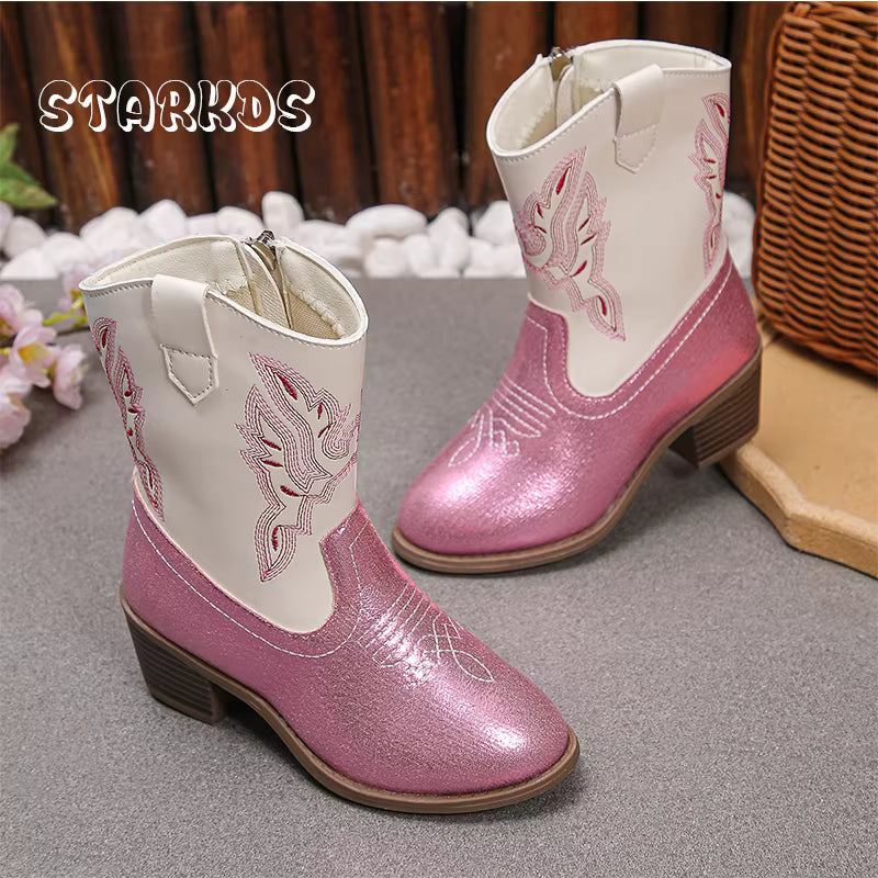 Pink White Glitter Western Knee High Boots Kid Girl Side Zip Cowboy Long Booties Child Low Heeled Round Toe Embroidery Botas - CB088