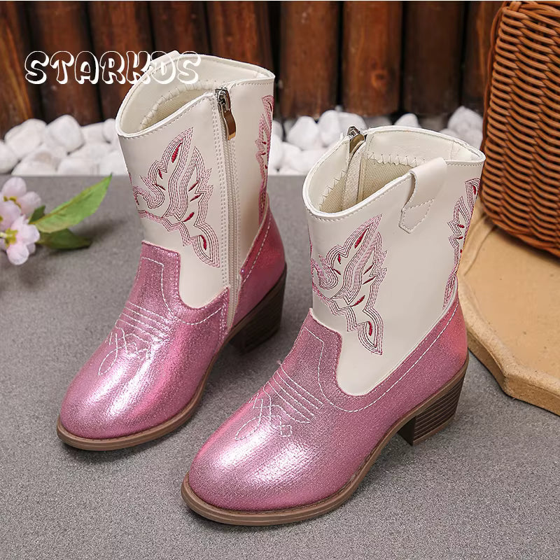 Pink White Glitter Western Knee High Boots Kid Girl Side Zip Cowboy Long Booties Child Low Heeled Round Toe Embroidery Botas - CB088