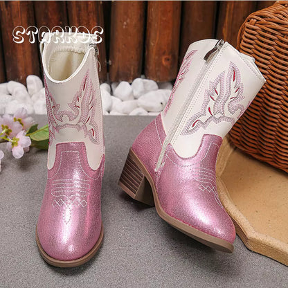 Pink White Glitter Western Knee High Boots Kid Girl Side Zip Cowboy Long Booties Child Low Heeled Round Toe Embroidery Botas - CB088