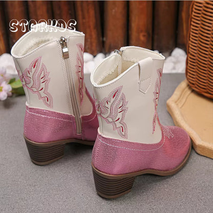 Pink White Glitter Western Knee High Boots Kid Girl Side Zip Cowboy Long Booties Child Low Heeled Round Toe Embroidery Botas - CB088