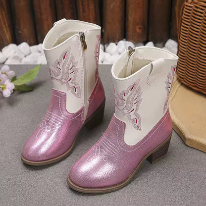 Pink White Glitter Western Knee High Boots Kid Girl Side Zip Cowboy Long Booties Child Low Heeled Round Toe Embroidery Botas - CB088