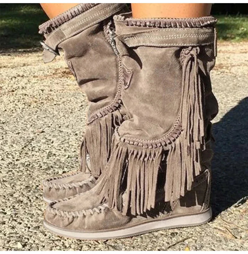 Pirate Boots Woman Pleated Tassel Mid-calf Boots Womens Sewing Footwear Buckle Leather High Heels Shoes Female Plus Size Zip - CB033