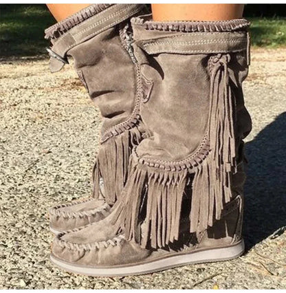 Pirate Boots Woman Pleated Tassel Mid-calf Boots Womens Sewing Footwear Buckle Leather High Heels Shoes Female Plus Size Zip - CB033