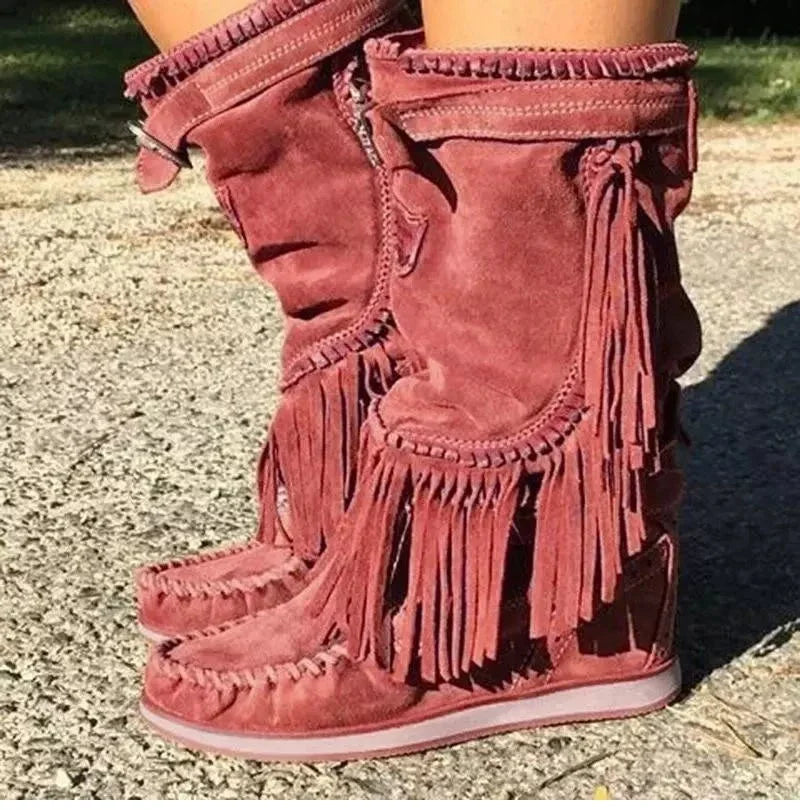 Pirate Boots Woman Pleated Tassel Mid-calf Boots Womens Sewing Footwear Buckle Leather High Heels Shoes Female Plus Size Zip - CB033