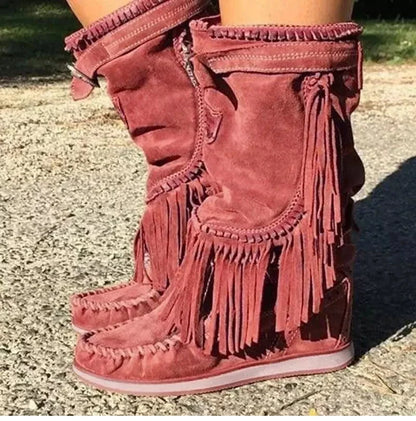 Pirate Boots Woman Pleated Tassel Mid-calf Boots Womens Sewing Footwear Buckle Leather High Heels Shoes Female Plus Size Zip - CB033