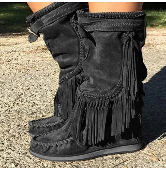 Pirate Boots Woman Pleated Tassel Mid-calf Boots Womens Sewing Footwear Buckle Leather High Heels Shoes Female Plus Size Zip - CB033