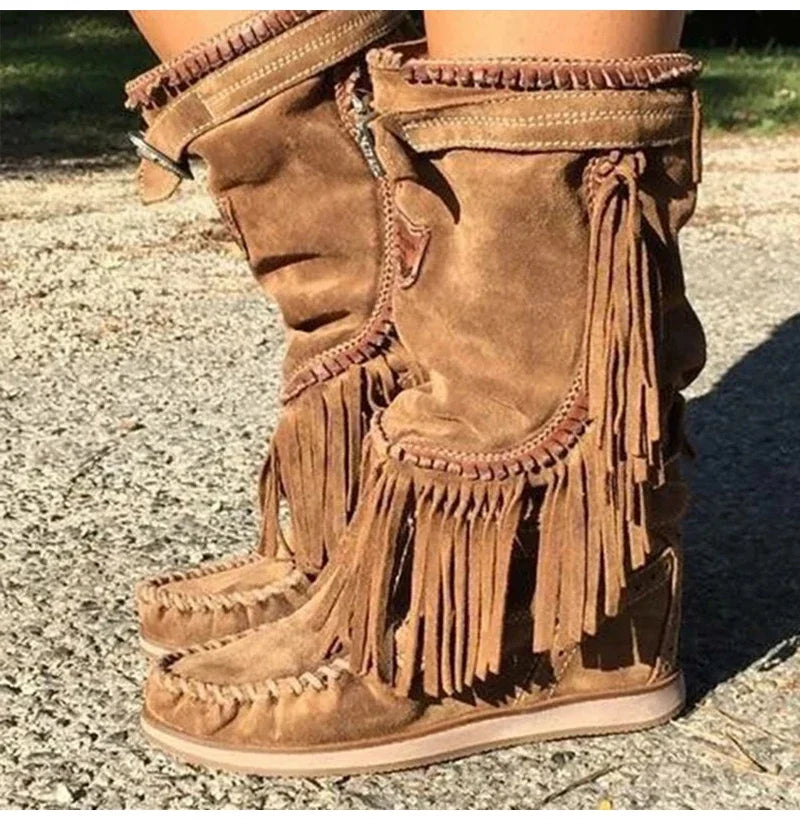 Pirate Boots Woman Pleated Tassel Mid-calf Boots Womens Sewing Footwear Buckle Leather High Heels Shoes Female Plus Size Zip - CB033