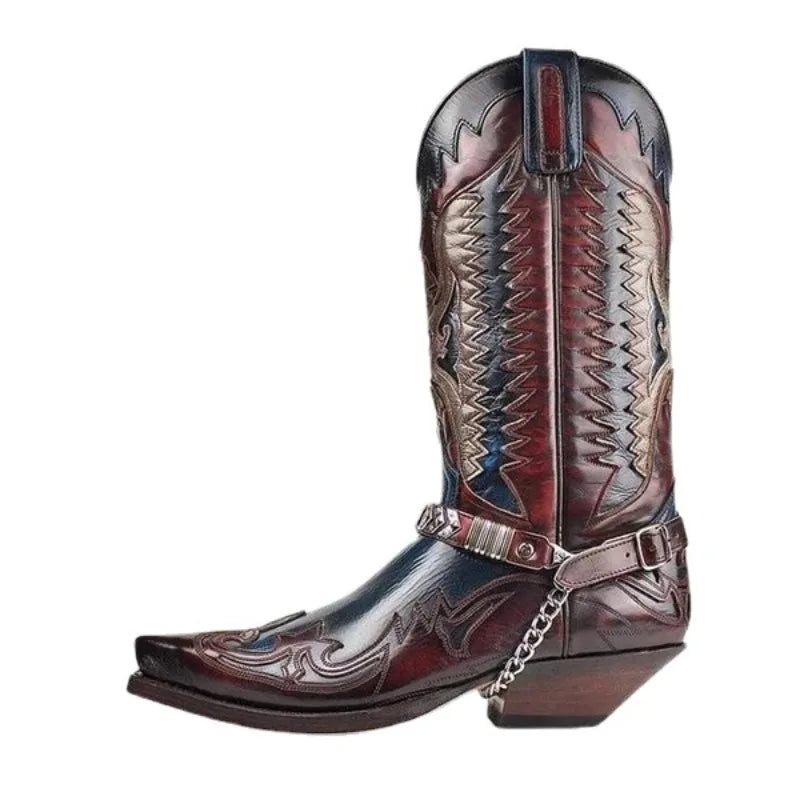 Pointed Toe Embroidered Mid-Calf Boots Snake Print Western Cowboy Men Botines Color-Blocked Slip-On Chelsea Cool Botas Femininas - CB014