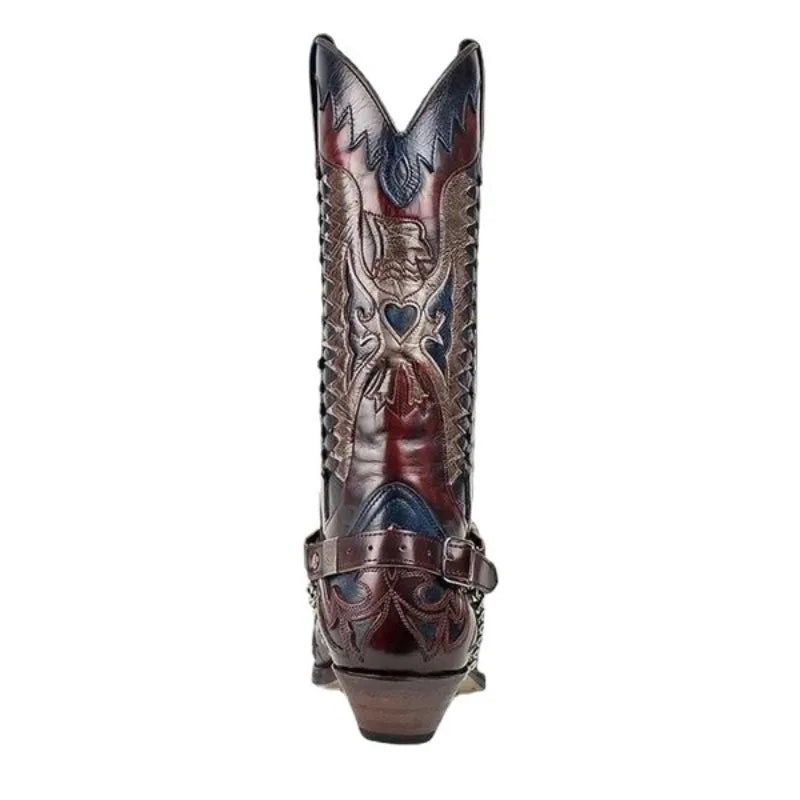 Pointed Toe Embroidered Mid-Calf Boots Snake Print Western Cowboy Men Botines Color-Blocked Slip-On Chelsea Cool Botas Femininas - CB014