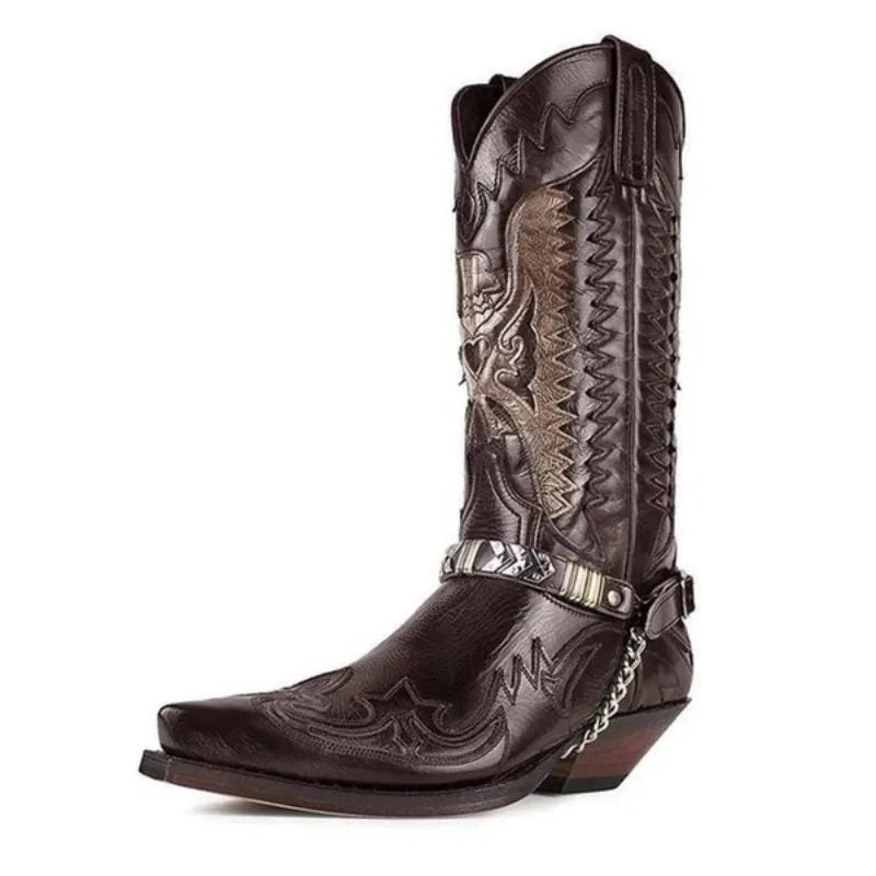 Pointed Toe Embroidered Mid-Calf Boots Snake Print Western Cowboy Men Botines Color-Blocked Slip-On Chelsea Cool Botas Femininas - CB014