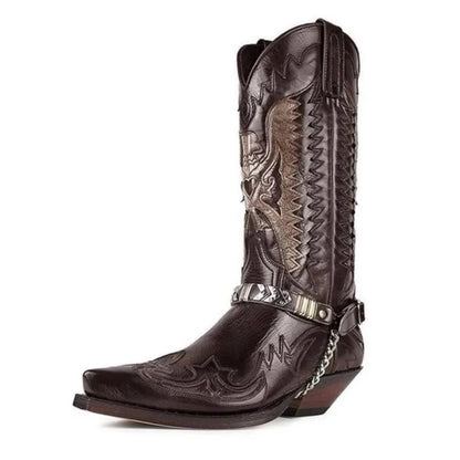 Pointed Toe Embroidered Mid-Calf Boots Snake Print Western Cowboy Men Botines Color-Blocked Slip-On Chelsea Cool Botas Femininas - CB014