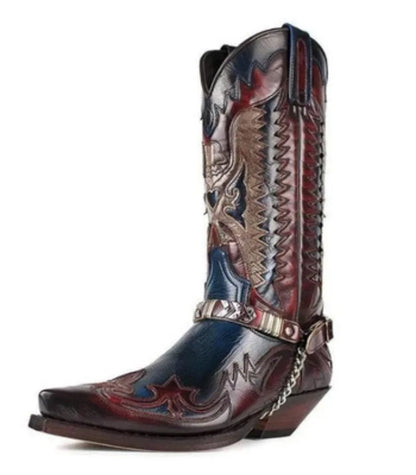 Pointed Toe Embroidered Mid-Calf Boots Snake Print Western Cowboy Men Botines Color-Blocked Slip-On Chelsea Cool Botas Femininas - CB014
