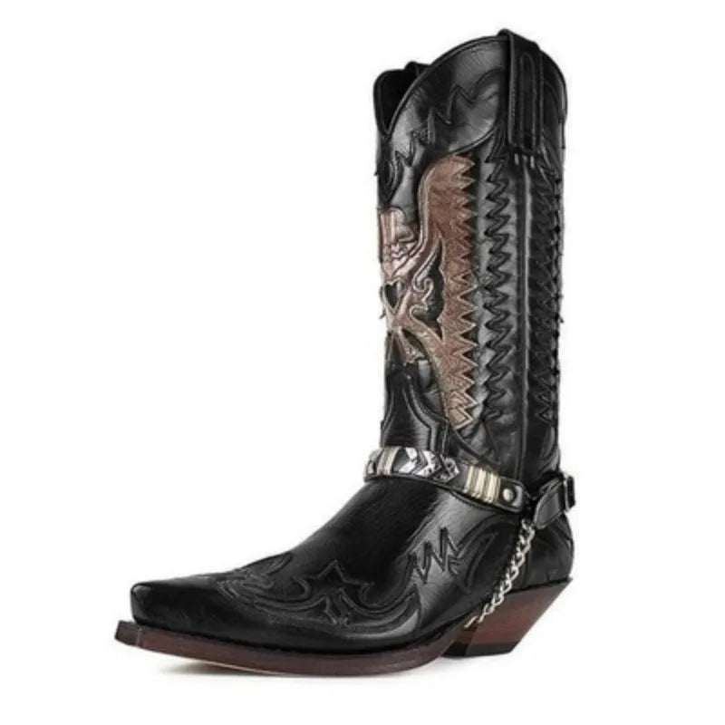 Pointed Toe Embroidered Mid-Calf Boots Snake Print Western Cowboy Men Botines Color-Blocked Slip-On Chelsea Cool Botas Femininas - CB014