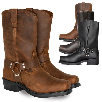 Retro Cowboy Boots Men Mid Calf Western Boots Men Pu Leather Boots Man Slip On Shoes Winter Knight Boots Booties Plus Size 39-48 - CB022