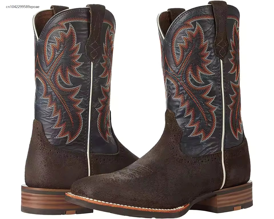 Retro Mid-tube Western Cowboy Black and Brown Boots Role-playing Accessories Handmade Leather Shoes Cyberpunk Unisex Riding Boot - CB016
