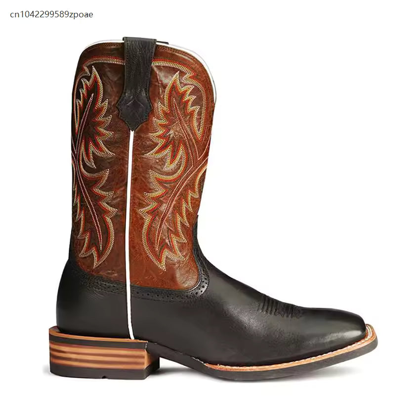 Retro Mid-tube Western Cowboy Black and Brown Boots Role-playing Accessories Handmade Leather Shoes Cyberpunk Unisex Riding Boot - CB016