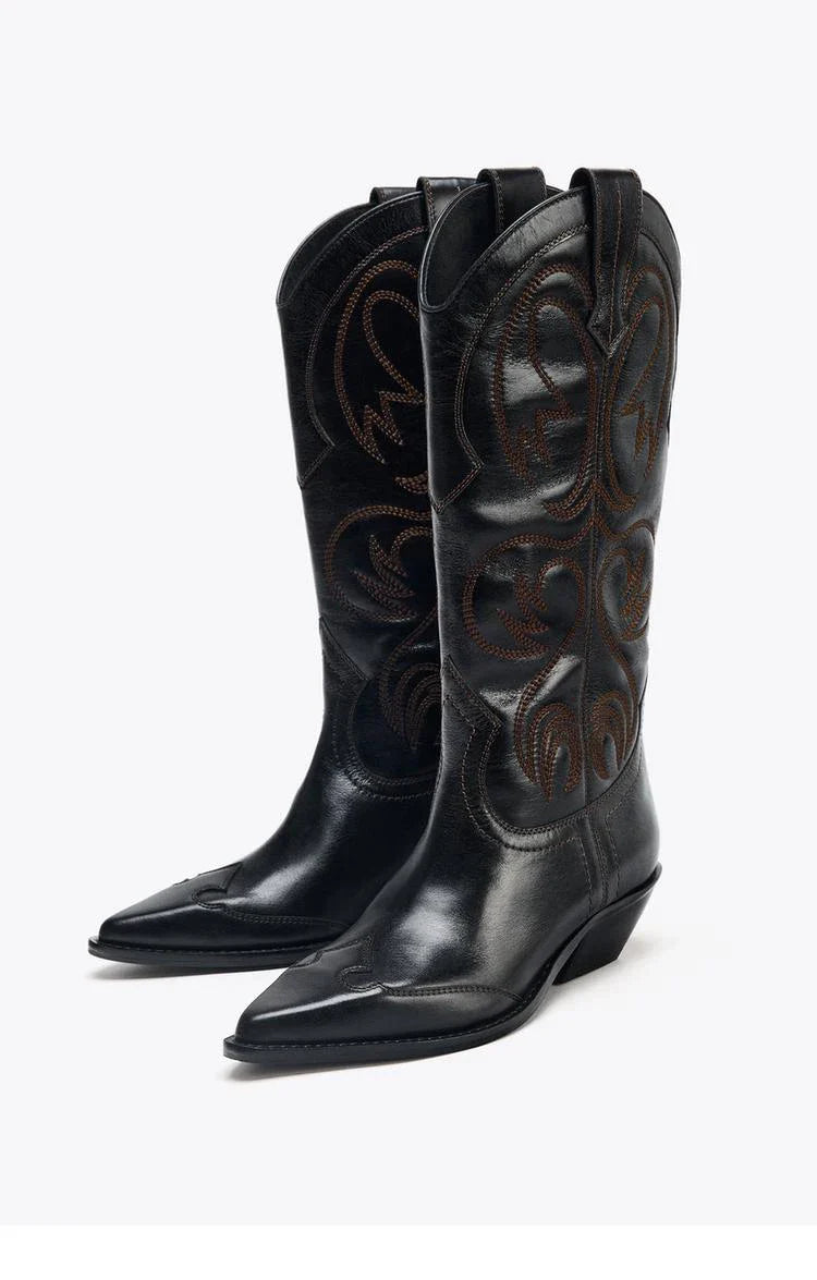 Retro Sle Embroidered Western Cowboy Boots High Tube arp Point Thi Heel Women's Boots Student Suitable All Season - CB052
