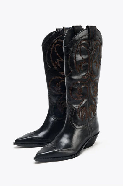Retro Sle Embroidered Western Cowboy Boots High Tube arp Point Thi Heel Women's Boots Student Suitable All Season - CB052