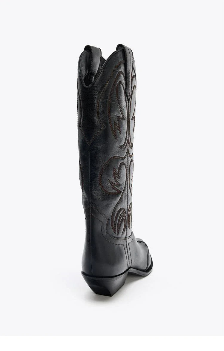 Retro Sle Embroidered Western Cowboy Boots High Tube arp Point Thi Heel Women's Boots Student Suitable All Season - CB052