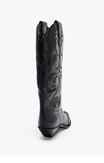 Retro Sle Embroidered Western Cowboy Boots High Tube arp Point Thi Heel Women's Boots Student Suitable All Season - CB052