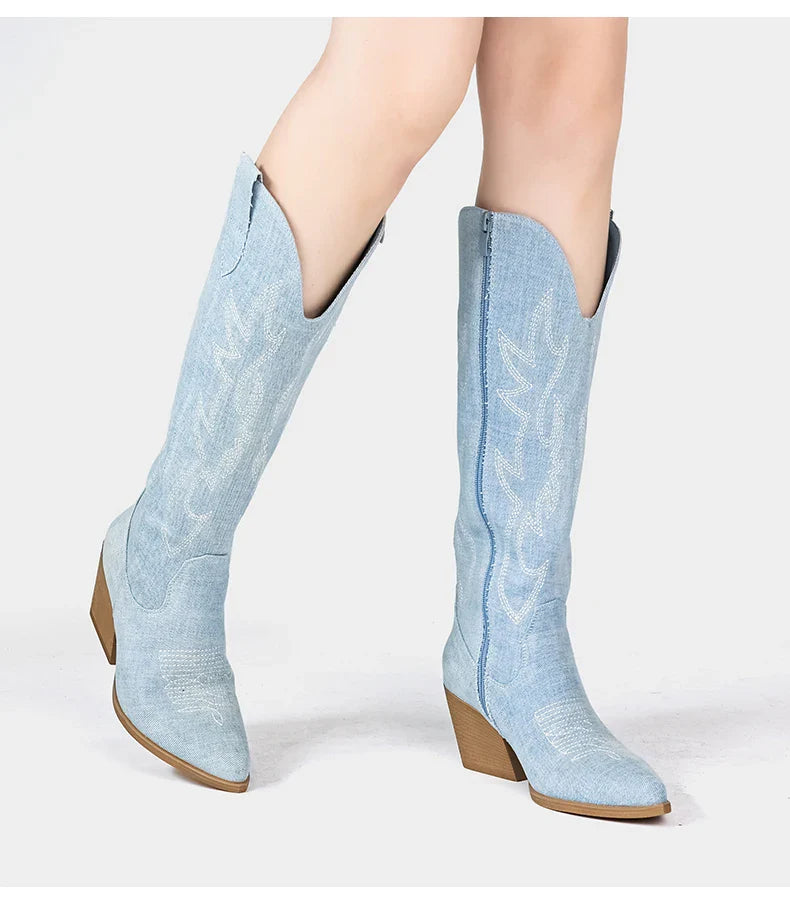 Shoes for Women New Embroidered Western Cowboy Boots Women Autumn Pointed Toe Thick Heel High Knee Boots - CB068