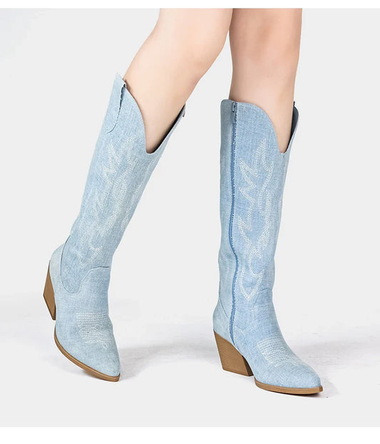 Shoes for Women New Embroidered Western Cowboy Boots Women Autumn Pointed Toe Thick Heel High Knee Boots - CB068