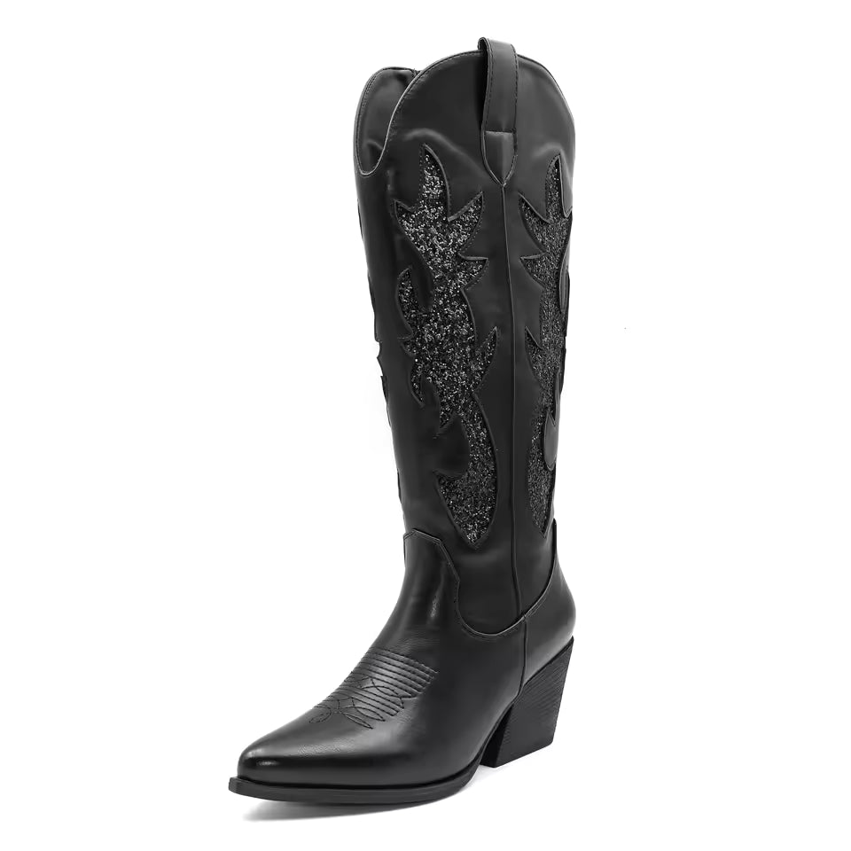 Shoes for Women New Embroidered Western Cowboy Boots Women Autumn Pointed Toe Thick Heel High Knee Boots - CB068