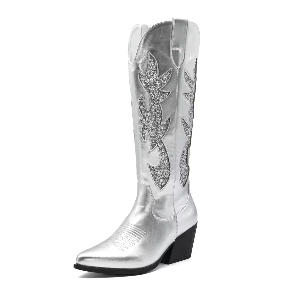 Shoes for Women New Embroidered Western Cowboy Boots Women Autumn Pointed Toe Thick Heel High Knee Boots - CB068